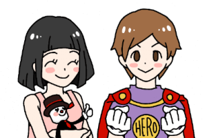 ヒーローになった彼氏を笑顔で見つめる彼女